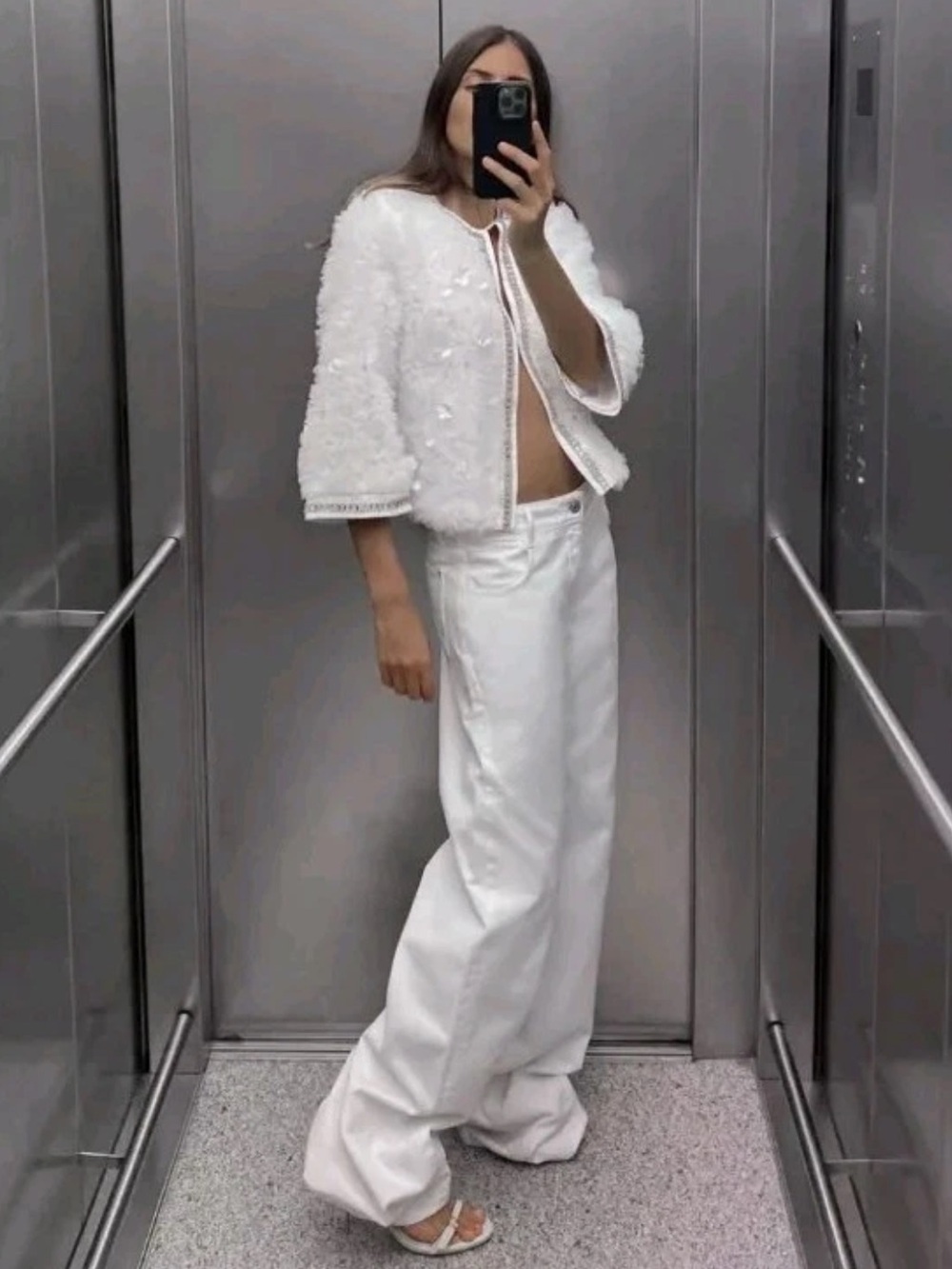 Zara Textured White Jacket Rhinestone Beading NWT Size XL Chic Glam 90s Party